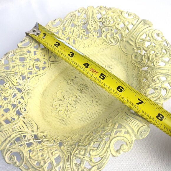 Italian Ornate Vintage Metal Dish Lemon Yellow Marked Italy C.T. 7  Floral Scrol - Picture 9 of 10